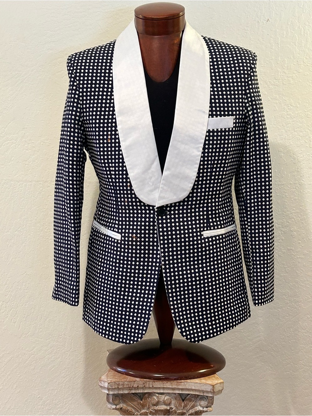 Men's Navy and White Polka Dot Evening Blazer with White Shawl Collar